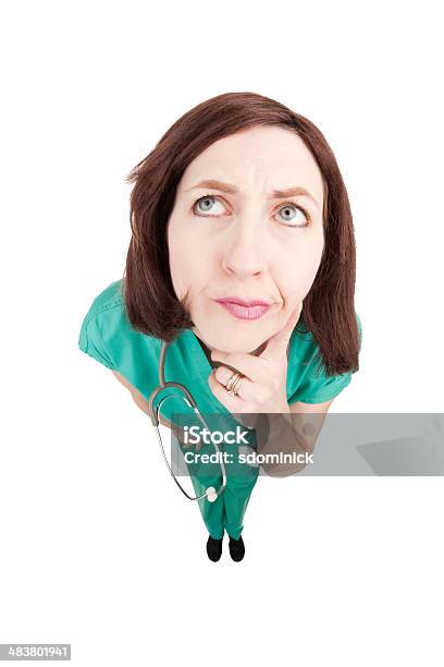 Fisheye Nurse Thinking Stock Photo - Download Image Now - 40-44 Years, Adult, Adults Only