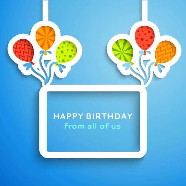 Happy birthday colorful applique background Happy birthday colorful applique background. Vector illustration for your funny holiday design. Banner of applique for your greeting postcard. Balloon and frame cut out white paper. Blue, white color. birthday photos stock illustrations