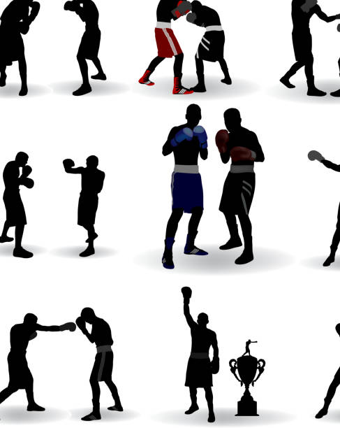 ilustraciones, imágenes clip art, dibujos animados e iconos de stock de silueta de boxeo - posing looking at camera combative sport boxing