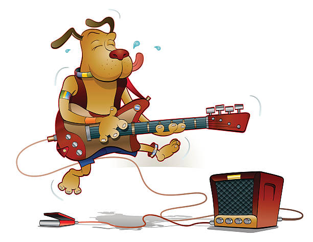 Rocking all the way Inspired doggy musician jumping on stage with bass guitar ska stock illustrations