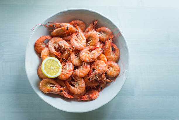 Boiled shrimps Boiled shrimps in a big dish, ready to be eaten. shrimp cocktail stock pictures, royalty-free photos & images