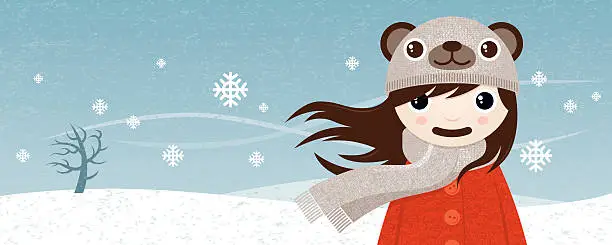 Vector illustration of Girl Wearing Bear Hat In The Snow