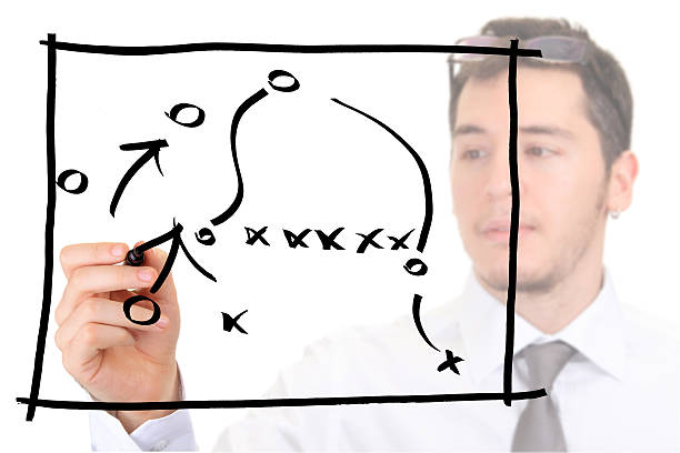 uomo d'affari mostrando gioco di strategia su una lavagna bianca - strategy sport american football planning foto e immagini stock