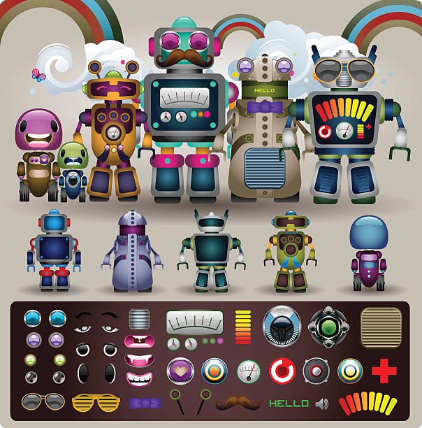 ilustraciones, imágenes clip art, dibujos animados e iconos de stock de crear un robot - robot manga style cute characters