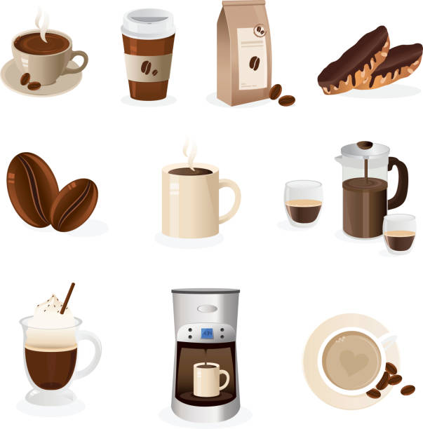 kawiarnia zestaw ikon - biscotti cookie coffee tea stock illustrations