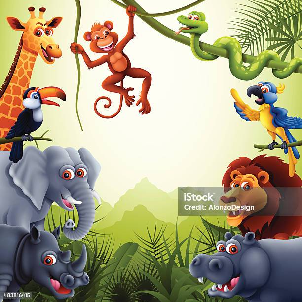 정글 동물은 동물원에 대한 스톡 벡터 아트 및 기타 이미지 - 동물원, 재미, 코뿔소