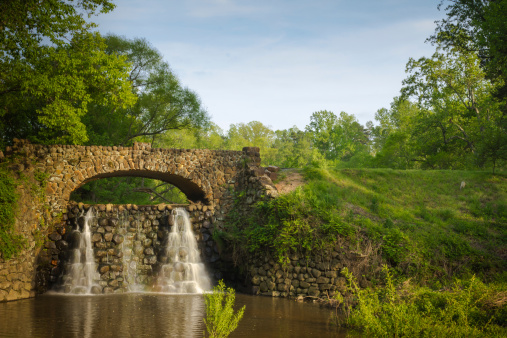 Stone Bridge and Waterfall in Reynolda Gardens in Winston-Salem, NC, near the Wake Forest University campus.