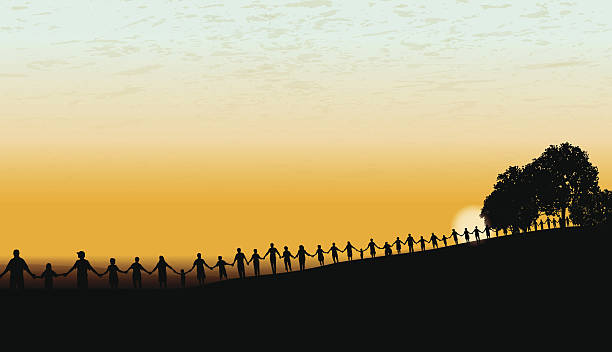 Holding Hands - United Community Sunset Background Tight graphic silhouette background illustration of a line of people holding hands. Holding Hands - United Community Sun Burst Background. Check out my “Holding Hands” light box for more. line of people holding hands stock illustrations