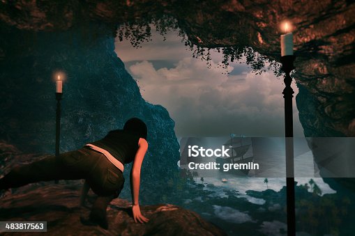 istock Fantasy pirate cave and ship 483817563