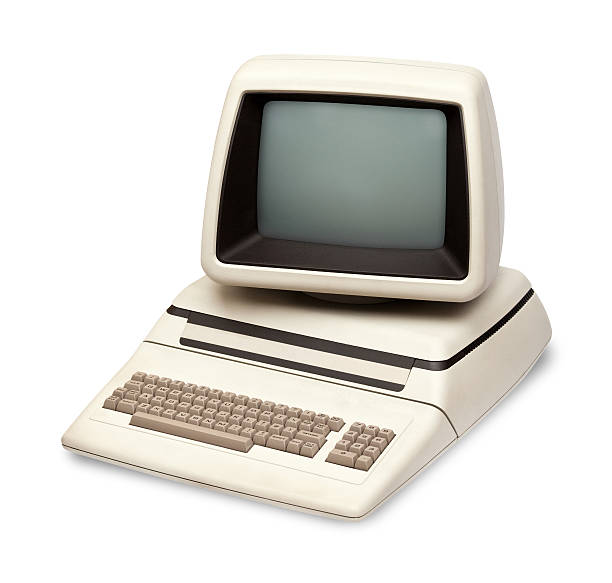 Vintage old computer, rounded monitor, keyboard, eighties revival, white background Vintage old computer from the eighties, with integrated monitor and keyboard. Retro revival style with rounded corners, right side top view,  isolated on white background with clipping path. computer mainframe old retro revival stock pictures, royalty-free photos & images