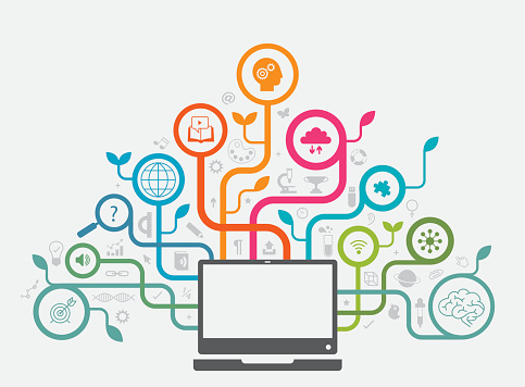 Illustration depicting education online. In the centre there is a laptop. Out of the laptop there are growing  different color and weight connections which has on the end a circle placed with different icons related with education online. In the place in between connections there are also a lot of different icons in light gray color.