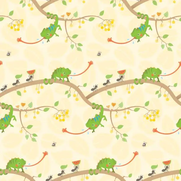 Vector illustration of Cute kawaii chameleon pattern light