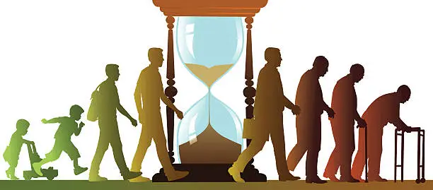 Vector illustration of Aging Cycle with Sand Clock - Walking People Silhouettes