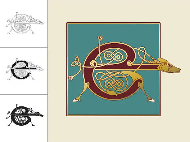 Vector illustration of Celtic initial: letter E with animal and endless knots