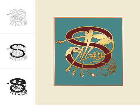 Set with four variations of the letter S in the shape of a dog. Three versions are in black and white and one in color and gold within a square frame. This celtic initials are based on animal heads and shapes combined with celtic knot designs (endless knots). Similar illustrations are known from the various illuminations in medieval, celtic books such as the 