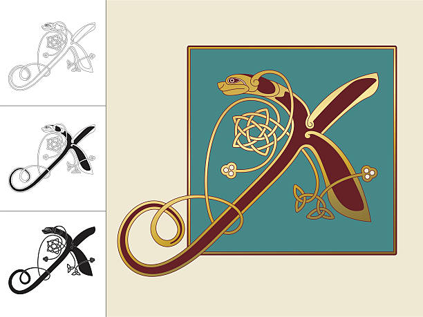 Celtic initial: letter X with animal and endless knots Set with four variations of the letter X in the shape of an animal. Three versions are in black and white and one in color and gold within a square frame. This celtic initials are based on animal heads and shapes combined with celtic knot designs (endless knots). Similar illustrations are known from the various illuminations in medieval, celtic books such as the "book of kells" and the "Lindisfarne gospels". celtic letter x stock illustrations