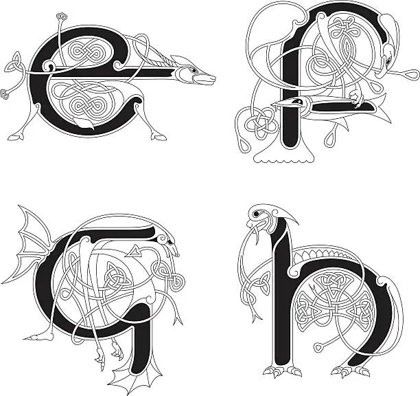 Vector illustration of Celtic animal initials: letters E, F, G and H