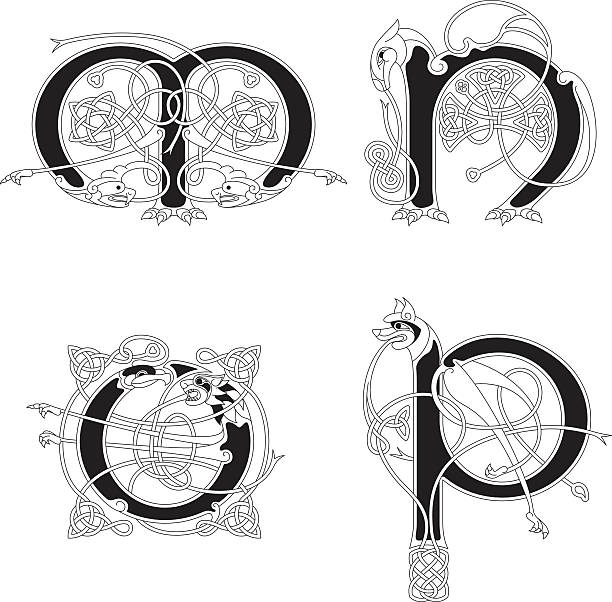 Celtic animal initials: letters M, N, O and P Set with four celtic initials (M, N, O and P) in black and white. This celtic letters are based on the unziale (medieval type form) combined with animal shapes and celtic knot designs (endless knots). The letter M is based on a double headed eagle/vulture, N on a horse with wings, O on a lion and eagle and P on a dog. Similar illustrations are known from the various illuminations in medieval, celtic books such as the "book of kells" and the "Lindisfarne gospels". celtic knot animals stock illustrations