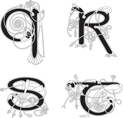 Set with four celtic initials (Q, R, S and T) in black and white. This celtic letters are based on the unziale (medieval type form) combined with animal shapes and celtic knot designs (endless knots). The letter Q is based on a parrot, R on a dog/jackal, S on a dog and T on a dog and bird. Similar illustrations are known from the various illuminations in medieval, celtic books such as the 