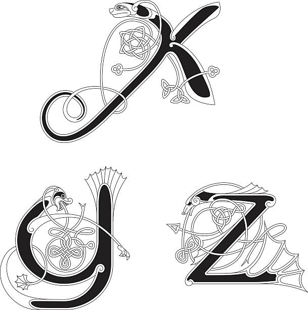 Celtic animal initials: letters X, Y and Z Set with four celtic initials (X, Y and Z) in black and white. This celtic letters are based on the unziale (medieval type form) combined with animal shapes and celtic knot designs (endless knots). The letter X is based on a dog/insect, Y on a dragon and Z on a snake/dragon. Similar illustrations are known from the various illuminations in medieval, celtic books such as the "book of kells" and the "Lindisfarne gospels". celtic letter x stock illustrations