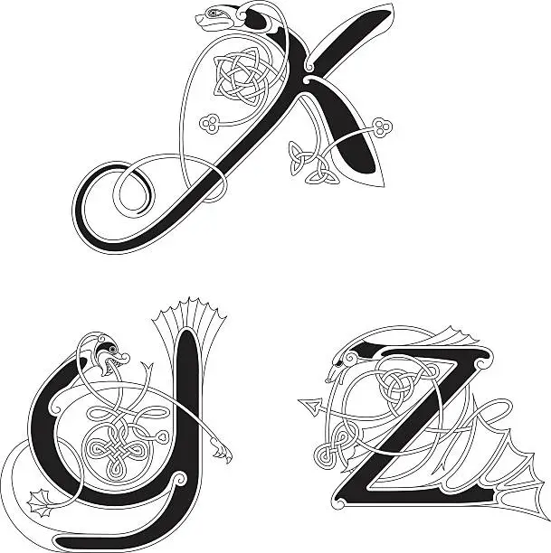 Vector illustration of Celtic animal initials: letters X, Y and Z