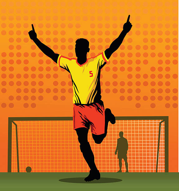 Soccer Player Celebrating After Scoring Goal All images are placed on separate layers. They can be removed or altered if you need to. Some gradients were used. No transparencies.  midfielder stock illustrations