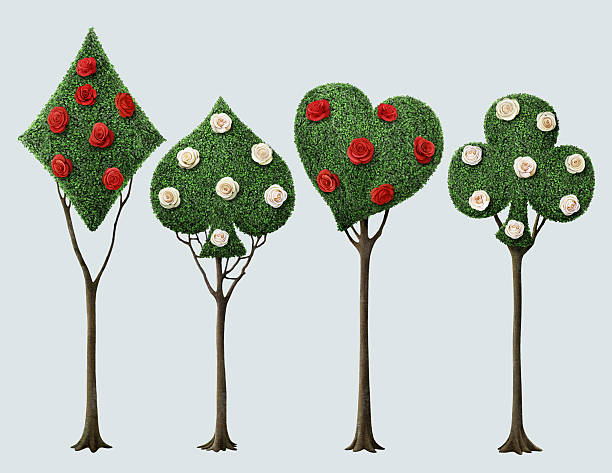 Four fancy tree Set of four bizarre trees with card suits and roses . Computer graphics. alice in wonderland stock illustrations