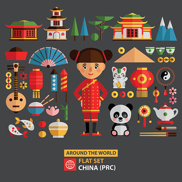 China set of characters and icons. China set of characters and icons. Traditional Chinese symbols. Set of symbols and characters in a flat style. chinese panda stock illustrations