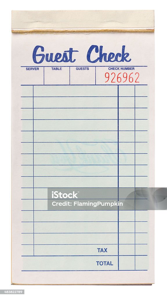 Notepad of Restaurant or Diner Guest Checks. Isolated. Clipping Path. Notepad of blank Guest Checks for a Restaurant or Diner. Notepad is approx, 7" x 14". Order Pad Stock Photo