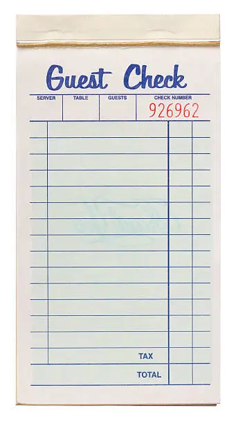 Notepad of blank Guest Checks for a Restaurant or Diner. Notepad is approx, 7" x 14".