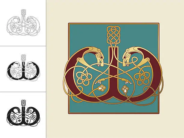 Vector illustration of Celtic initial: letter W with animal and endless knots