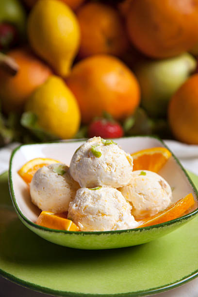 istock Vanilla ice cream with tropical fruits. 483829550