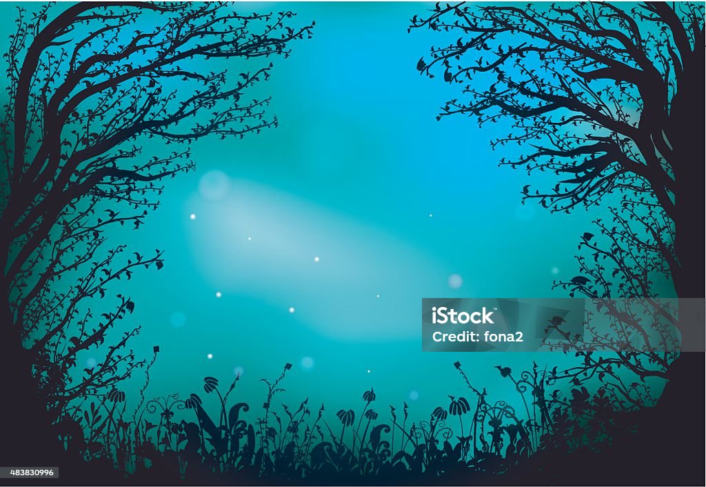 wood fairy  deep fairy forest silhouette at night, fireflies in the  summer forest Fairy stock vector