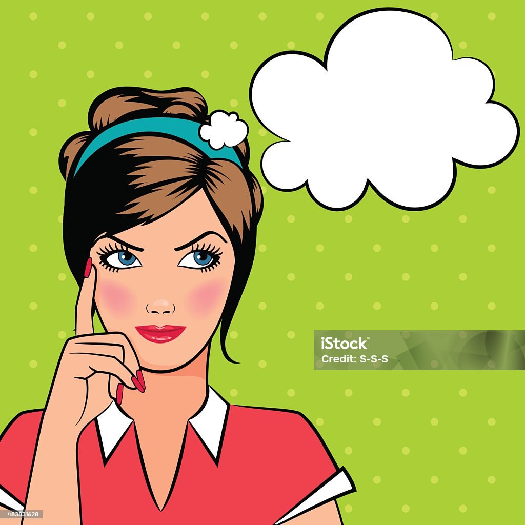 Thinking pop art woman Thinking woman in pop art comic style with speech bubble for your text Andy Warhol stock vector