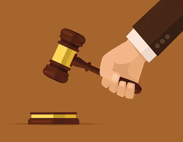 Vector illustration of Hand holding judges gavel. Vector flat cartoon illustration