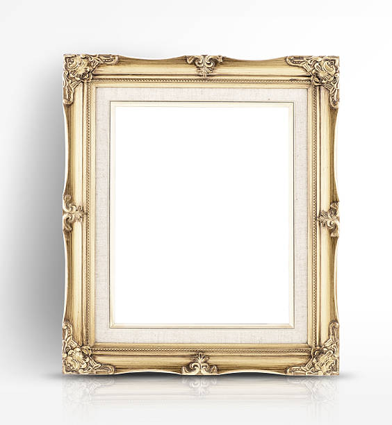 istock Blank golden vintage photo frame lean at wall in glossy 483833210