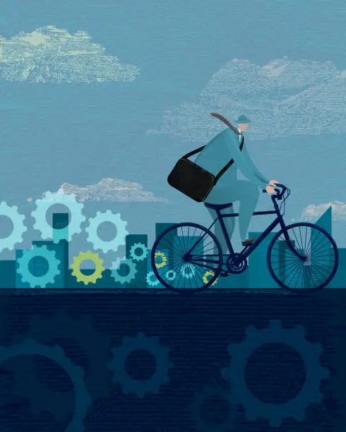 Vector illustration of Stylized businessman riding on bike with gears