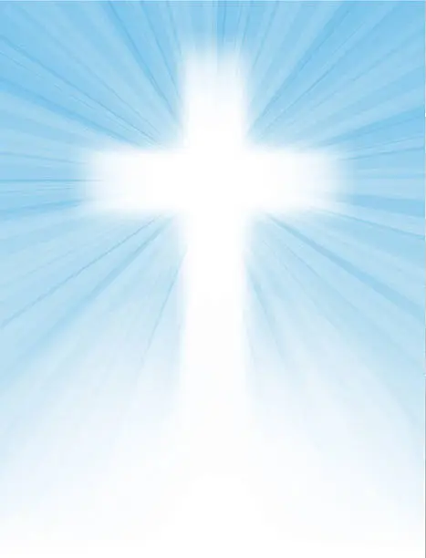 Vector illustration of cross on blue sky, with sun rays