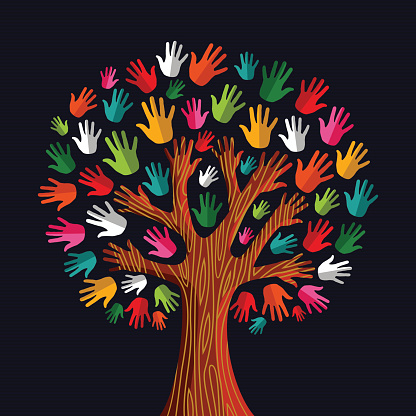 Diversity tree hands illustration background. Vector file layered for easy manipulation and custom coloring.