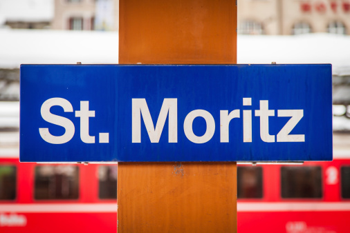 Signseen of the famous St. Moritz Train Station in Switzerland