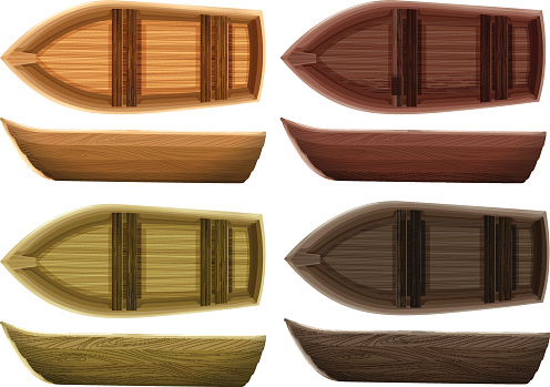 Set of different color wooden boats both top view and side view
