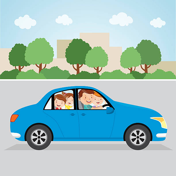 ilustraciones, imágenes clip art, dibujos animados e iconos de stock de familia feliz en coche en automóvil - bus family travel destinations women