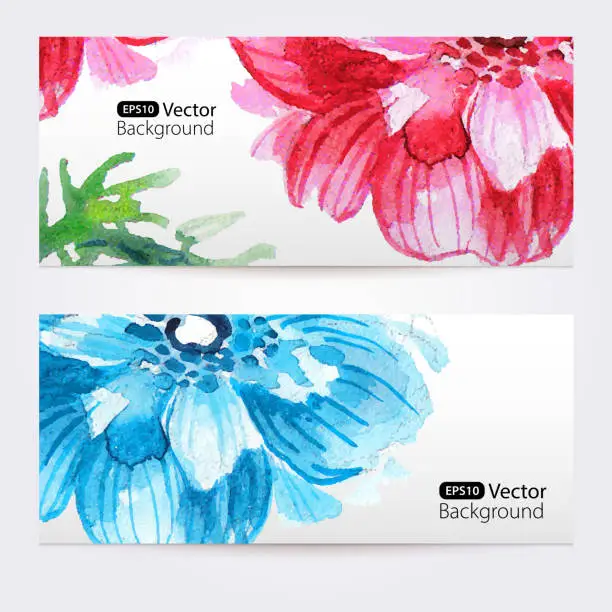 Vector illustration of Two floral watercolor banners with anemones
