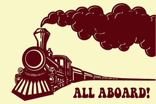 All aboard! Vintage steam train locomotive with smoke puff isolated vector illustration, puffer railway traveling