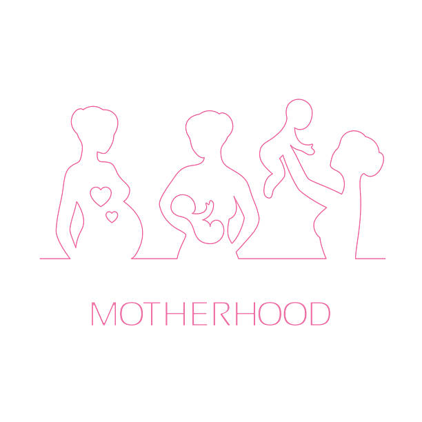 Design elements for design Mothers Day greetings Linear pink silhouette of the pregnant girl, nursing mothers and women playing with baby on a white background. Design elements for Mothers Day greetings. cute pregnant woman with gift stock illustrations