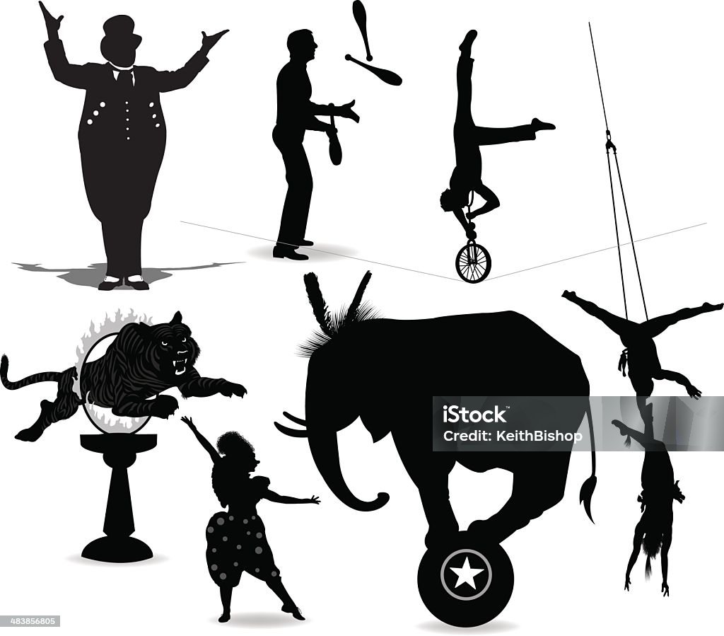 Intérpretes, acróbata de circo, Malabarista, payaso, líder de anillo - arte vectorial de Silueta libre de derechos