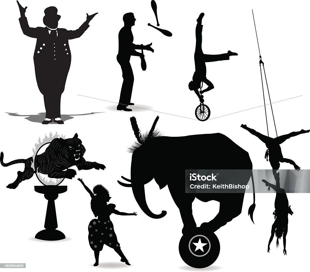 Cyrk wykonawców, Acrobat, Juggler, Clown, pierścień Lidera - Grafika wektorowa royalty-free (Sylwetka)