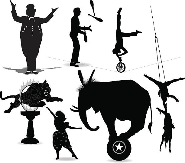 Circus Performers, Acrobat, Juggler, Clown, Ring Leader Silhouette illustrations of a Circus performers. Ringleader, juggler, clown, acrobats. circus lion, circus elephant. Check out my "Big Top Circus" light box for more. circus performer stock illustrations