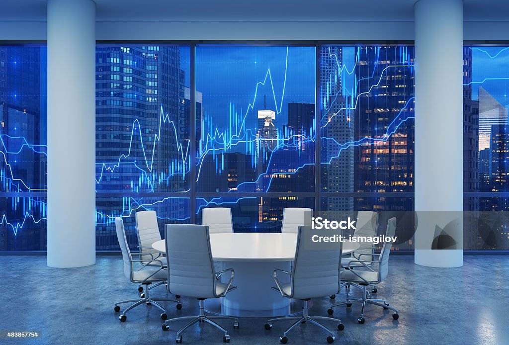 Panoramic conference room in modern office Panoramic conference room in modern office, cityscape of New York skyscrapers at night, Manhattan. Financial chart is over the cityscape. White chairs and a white round table. 3D rendering. Governing Board Stock Photo