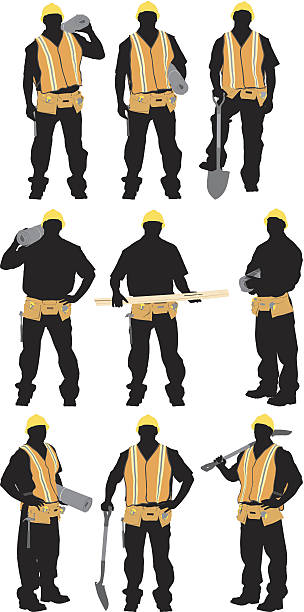 Multiple images of a construction worker Multiple images of a construction workerhttp://www.twodozendesign.info/i/1.png blueprint silhouettes stock illustrations